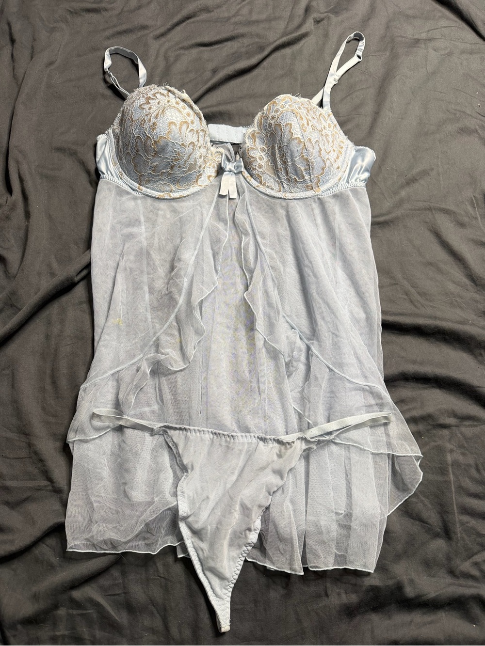 delicates Light Blue Sheer Lace Babydoll with Gold Accents
